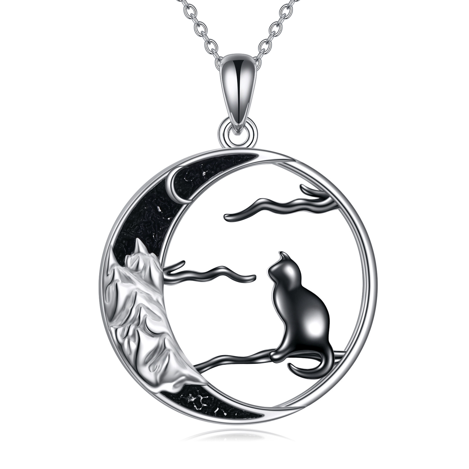 Cat Moon Necklace for Women Sterling Silver Black Cat Mountain Moon ...