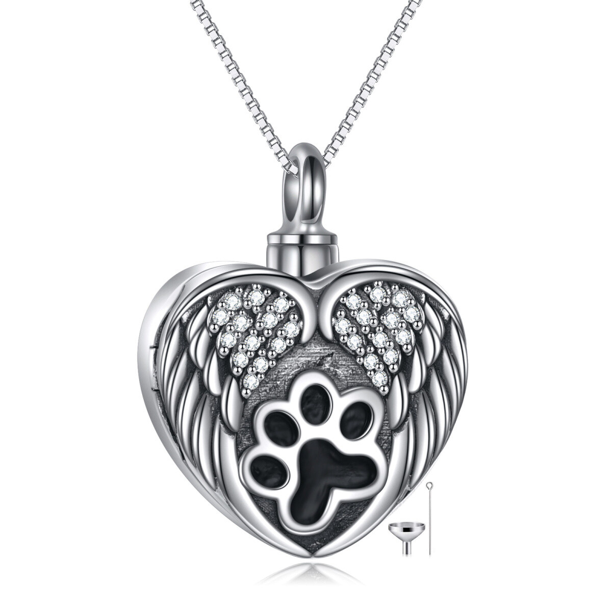 Sterling Silver Circular Shaped Cubic Zirconia Paw & Angel Wing & Heart Urn Necklace for Ashes with Engraved Word-1