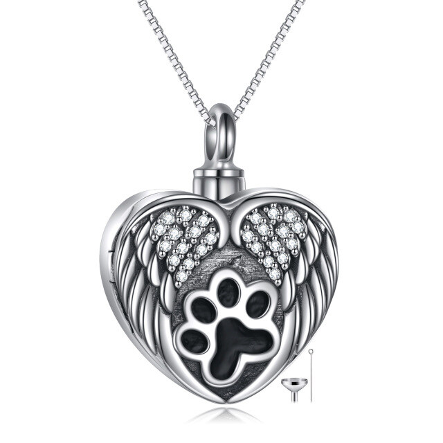 Sterling Silver Circular Shaped Cubic Zirconia Paw & Angel Wing & Heart Urn Necklace for Ashes with Engraved Word-3