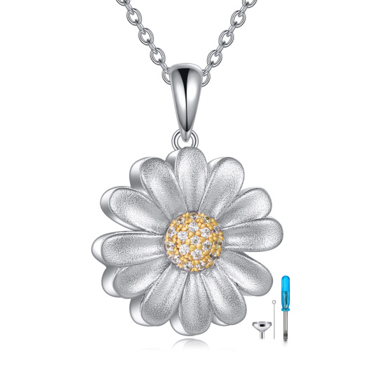 Sterling Silver Two-tone Circular Shaped Cubic Zirconia Daisy Urn Necklace for Ashes