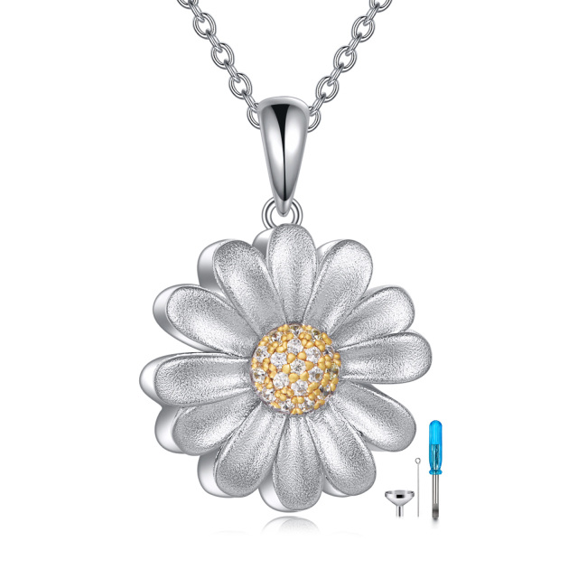 Sterling Silver Two-tone Circular Shaped Cubic Zirconia Daisy Urn Necklace for Ashes-1