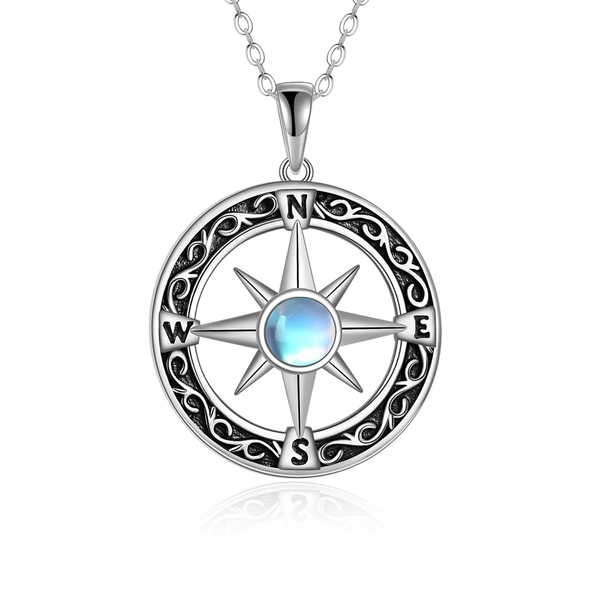 Sterling Silver Round Moonstone Compass Pendant Necklace Gift for Graduates-1