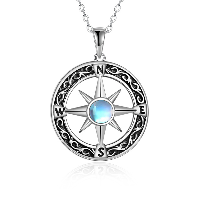 Sterling Silver Round Moonstone Compass Pendant Necklace Gift for Graduates-0