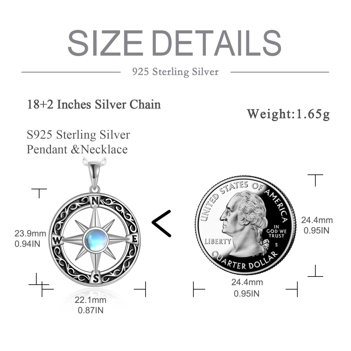 Sterling Silver Round Moonstone Compass Pendant Necklace Gift for Graduates-6