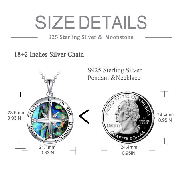 Sterling Silver Circular Shaped Abalone Shellfish Compass Pendant Necklace with Engraved Word-4