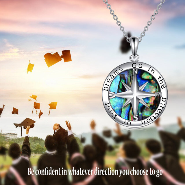 Sterling Silver Circular Shaped Abalone Shellfish Compass Pendant Necklace with Engraved Word-5
