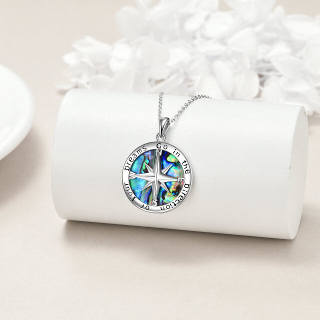 Sterling Silver Circular Shaped Abalone Shellfish Compass Pendant Necklace with Engraved Word-2