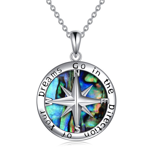 Sterling Silver Circular Shaped Abalone Shellfish Compass Pendant Necklace with Engraved Word-1