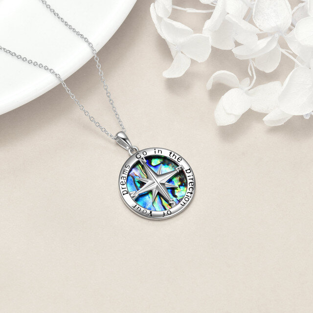 Sterling Silver Circular Shaped Abalone Shellfish Compass Pendant Necklace with Engraved Word-4