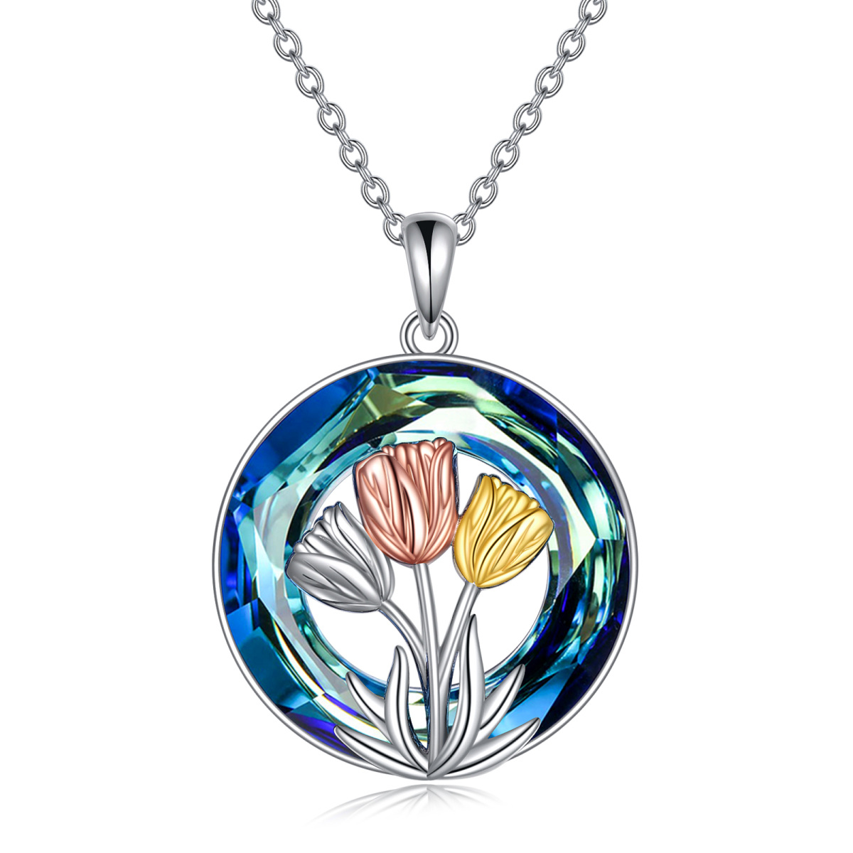 Sterling Silver Tri-tone Tulip Crystal Pendant Necklace-1