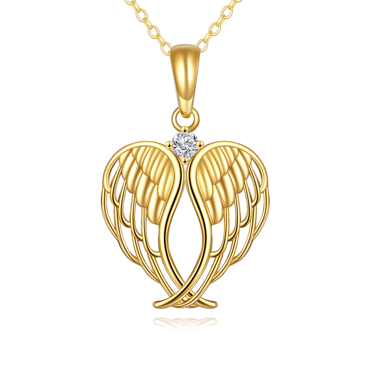 14K Gold Cubic Zirconia Angel Wings Heart Shaped Pendant Necklace-1