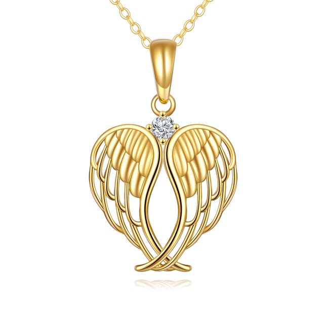 14K Gold Cubic Zirconia Angel Wings Heart Shaped Pendant Necklace-0