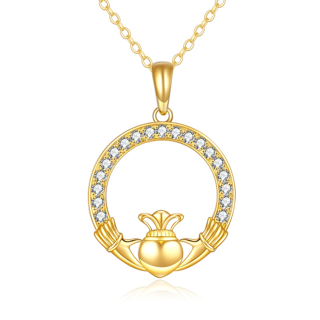 14K Gold Circular Shaped Cubic Zirconia Round Pendant Necklace-0
