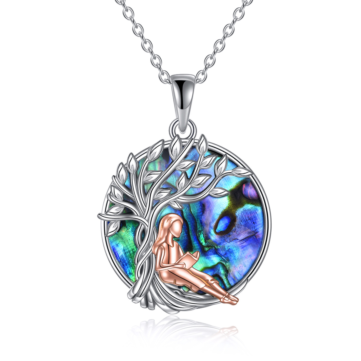 Sterling Silver Two-tone Abalone Shellfish Tree Of Life Pendant Necklace-1