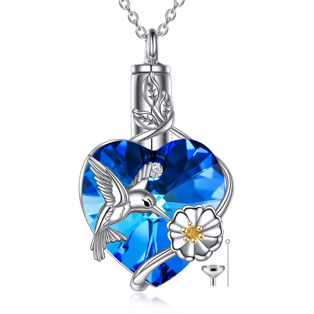 Sterling Silver Two-tone Heart Shaped Crystal Hummingbird & Heart Urn Necklace for Ashes-0