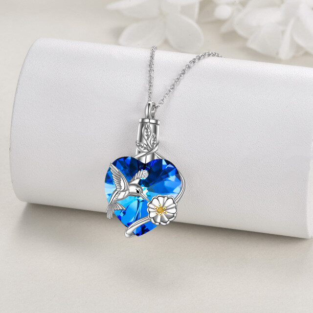 Sterling Silver Two-tone Heart Shaped Crystal Hummingbird & Heart Urn Necklace for Ashes-4