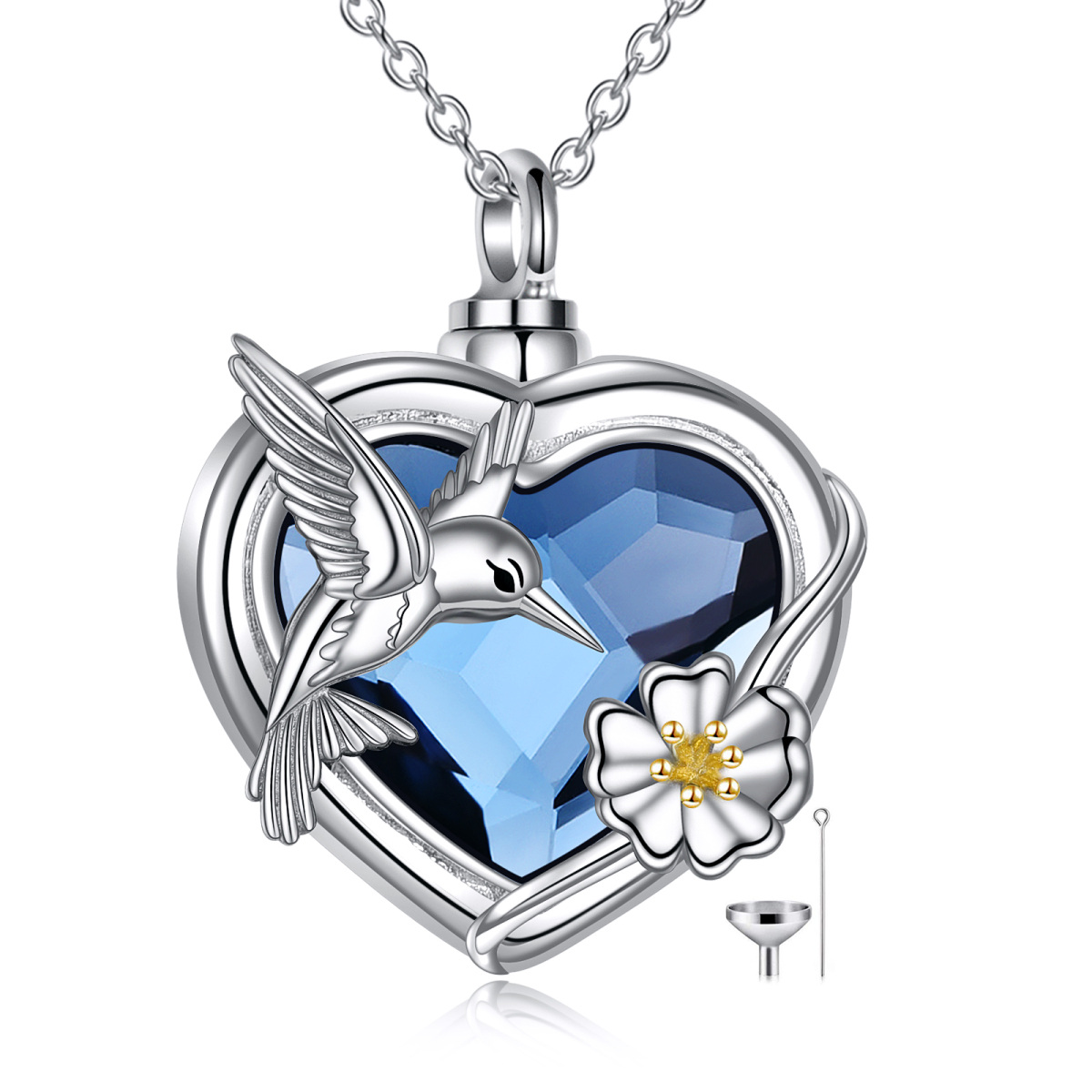 Collier en argent sterling bicolore en forme de cœur en cristal avec colibri et marguerite pour cendres avec mot gravé-1