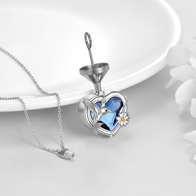 Sterling Silver Two-tone Heart Shaped Crystal Hummingbird & Daisy Urn Necklace for Ashes with Engraved Word-3