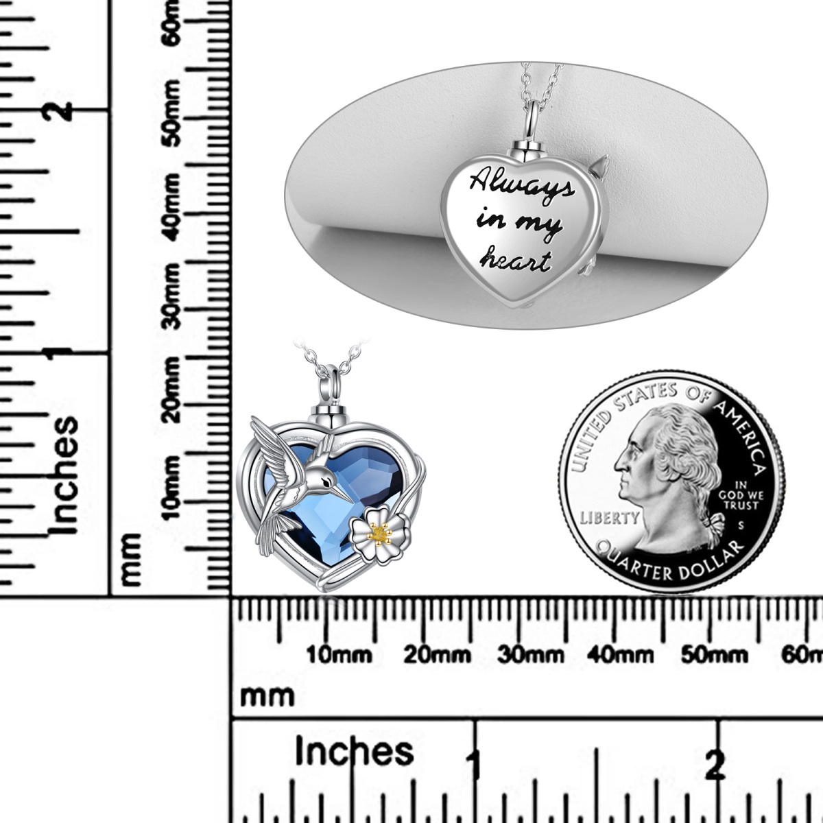 Sterling Silver Two-tone Heart Shaped Crystal Hummingbird & Daisy Urn Necklace for Ashes with Engraved Word-6