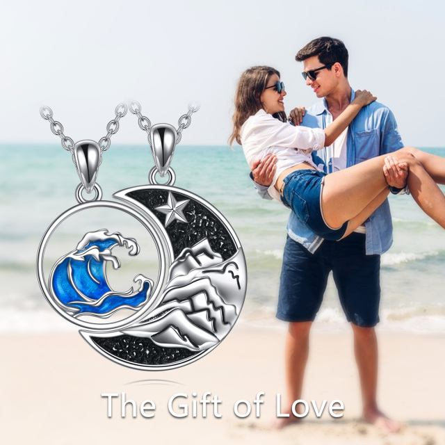 Collier de couple en argent sterling avec pendentif lune et montagnes pour hommes et femmes-5