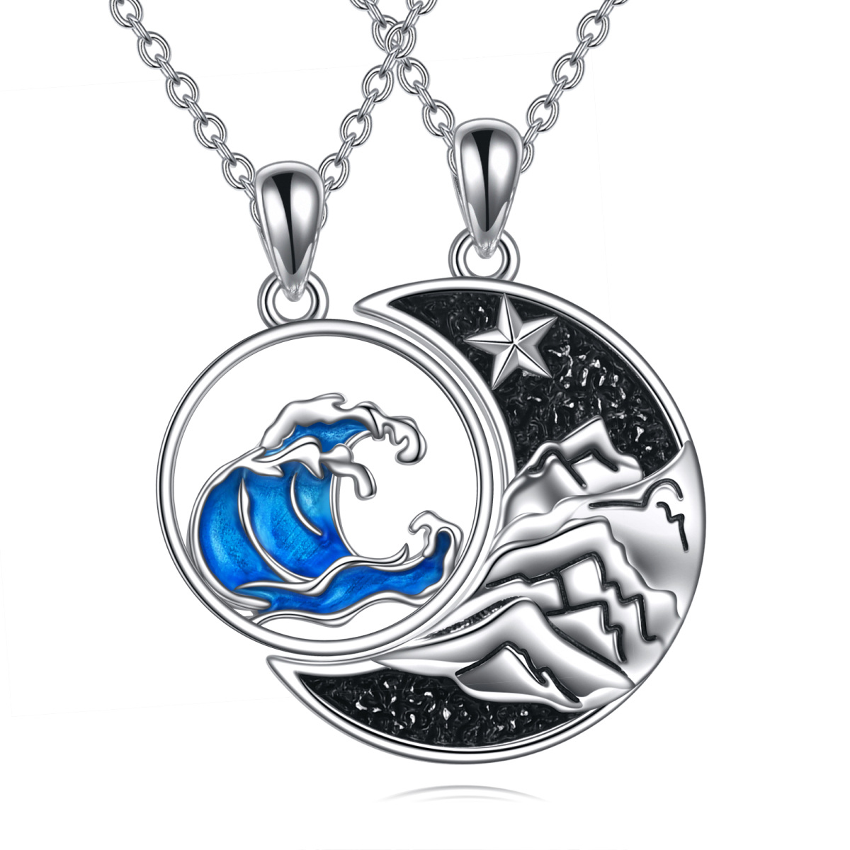 Sterling Silver Moon & Mountains Spray Pendant Couple Necklaces for Men Women-1