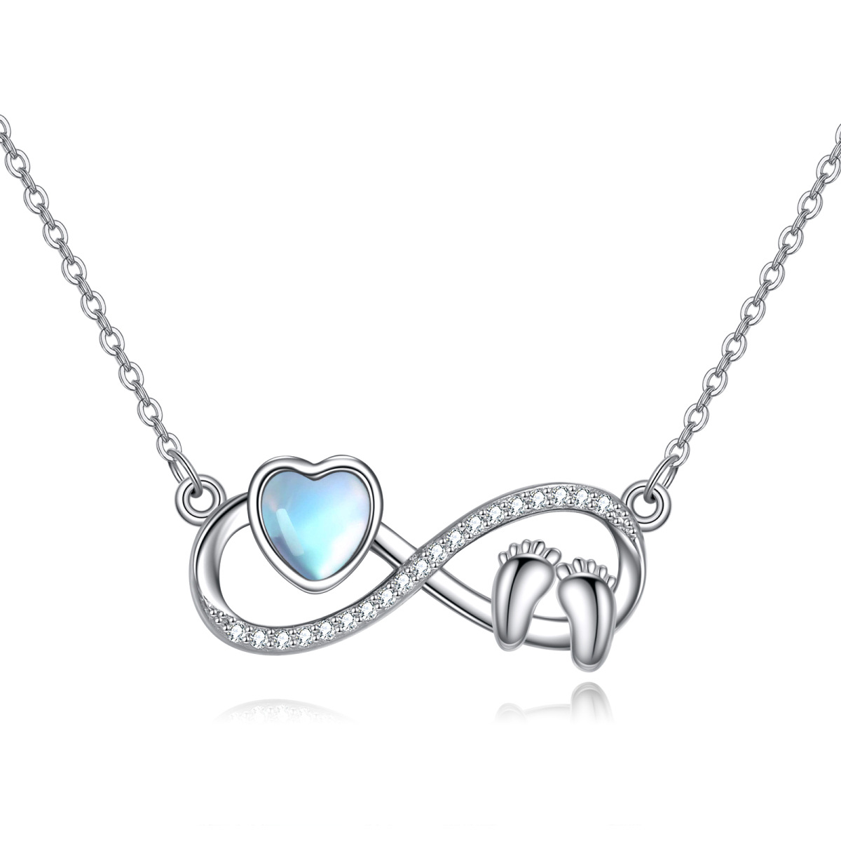 Sterling Silver Heart Shaped Moonstone Footprints & Heart & Infinity Symbol Pendant Necklace-1