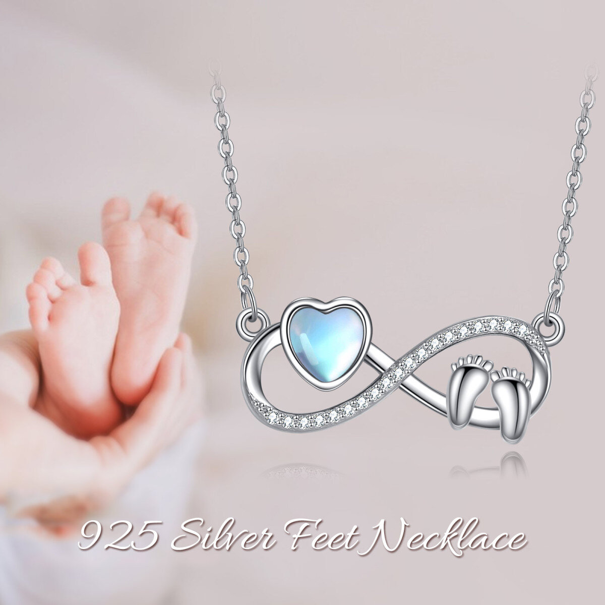 Sterling Silver Heart Shaped Moonstone Footprints & Heart & Infinity Symbol Pendant Necklace-6