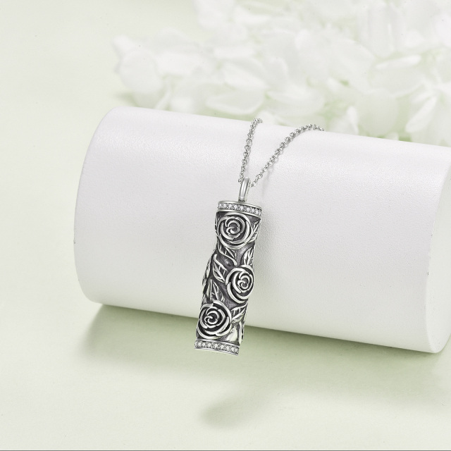 Sterling Silver Rose Cylindrical Urn Necklace for Ashes-3