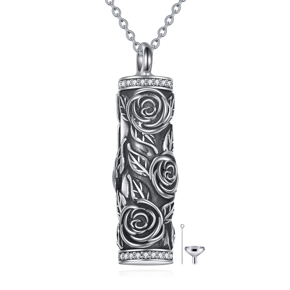 Sterling Silver Rose Cylindrical Urn Necklace for Ashes-1