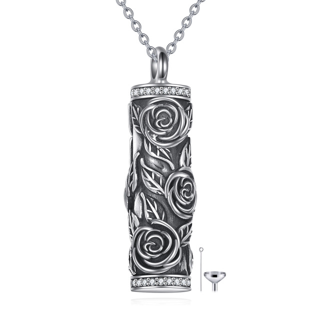 Sterling Silver Rose Cylindrical Urn Necklace for Ashes-0