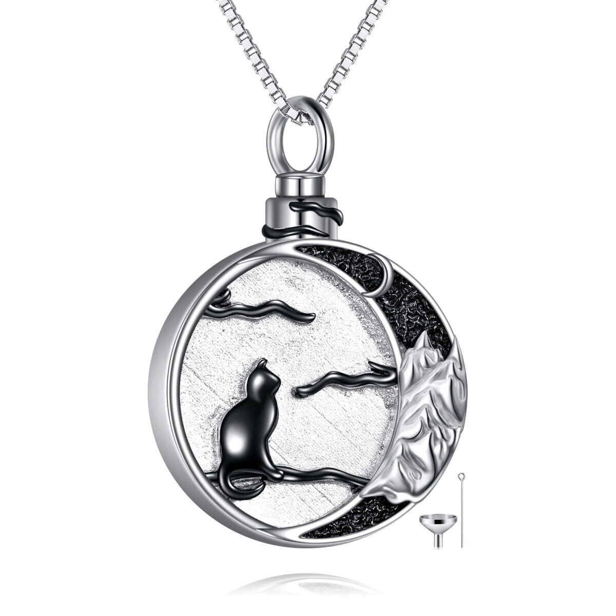 Sterling Silver Two-tone Black Cat Moon & Mountains Urn Necklace for Ashes-1