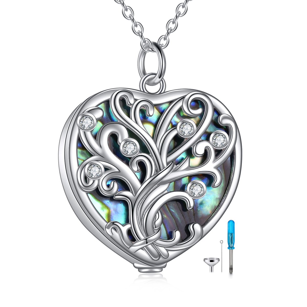 Sterling Silver Abalone Shellfish Tree Of Life & Heart Pendant Necklace-1