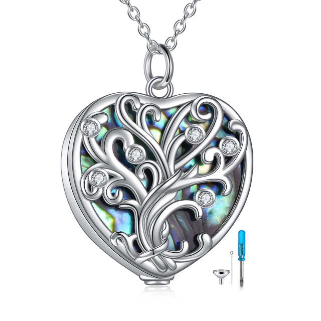 Sterling Silver Abalone Shellfish Tree Of Life & Heart Pendant Necklace-0