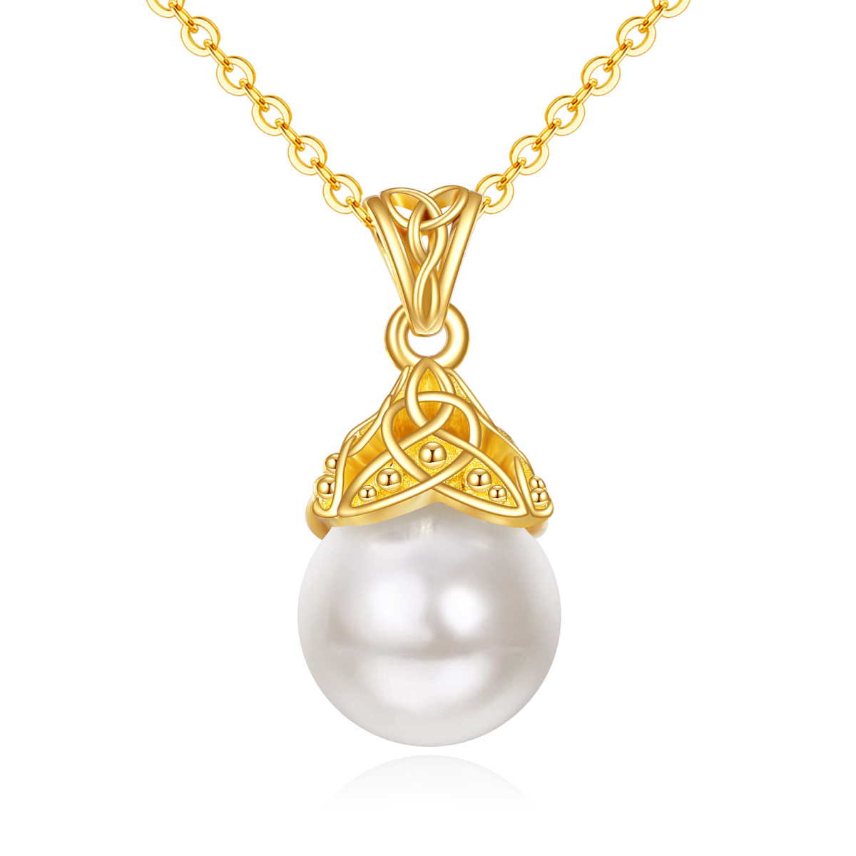 14K Gold Circular Shaped Pearl Celtic Knot Pendant Necklace-1