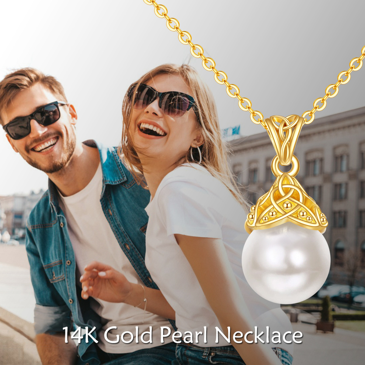 14K Gold kreisförmig Perle keltischen Knoten Anhänger Halskette-6