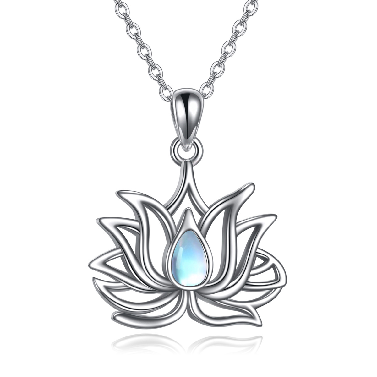 Sterling Silver Pear Shaped Moonstone Lotus Pendant Necklace-1