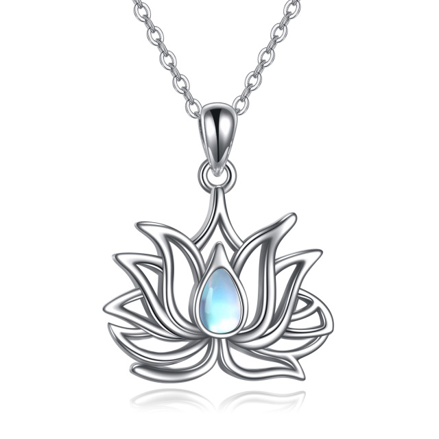 Sterling Silver Pear Shaped Moonstone Lotus Pendant Necklace-0