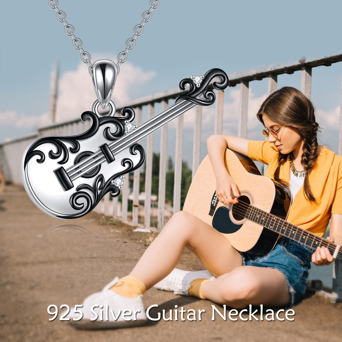 Sterling Silver Two-tone Circular Shaped Cubic Zirconia Guitar Pendant Necklace-6