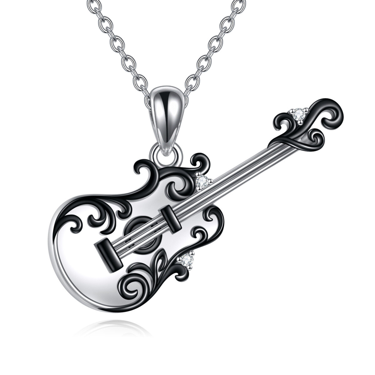 Sterling Silver Two-tone Circular Shaped Cubic Zirconia Guitar Pendant Necklace-1