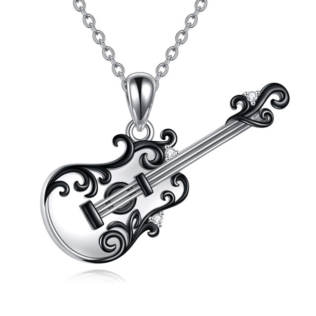 Sterling Silver Two-tone Circular Shaped Cubic Zirconia Guitar Pendant Necklace-4