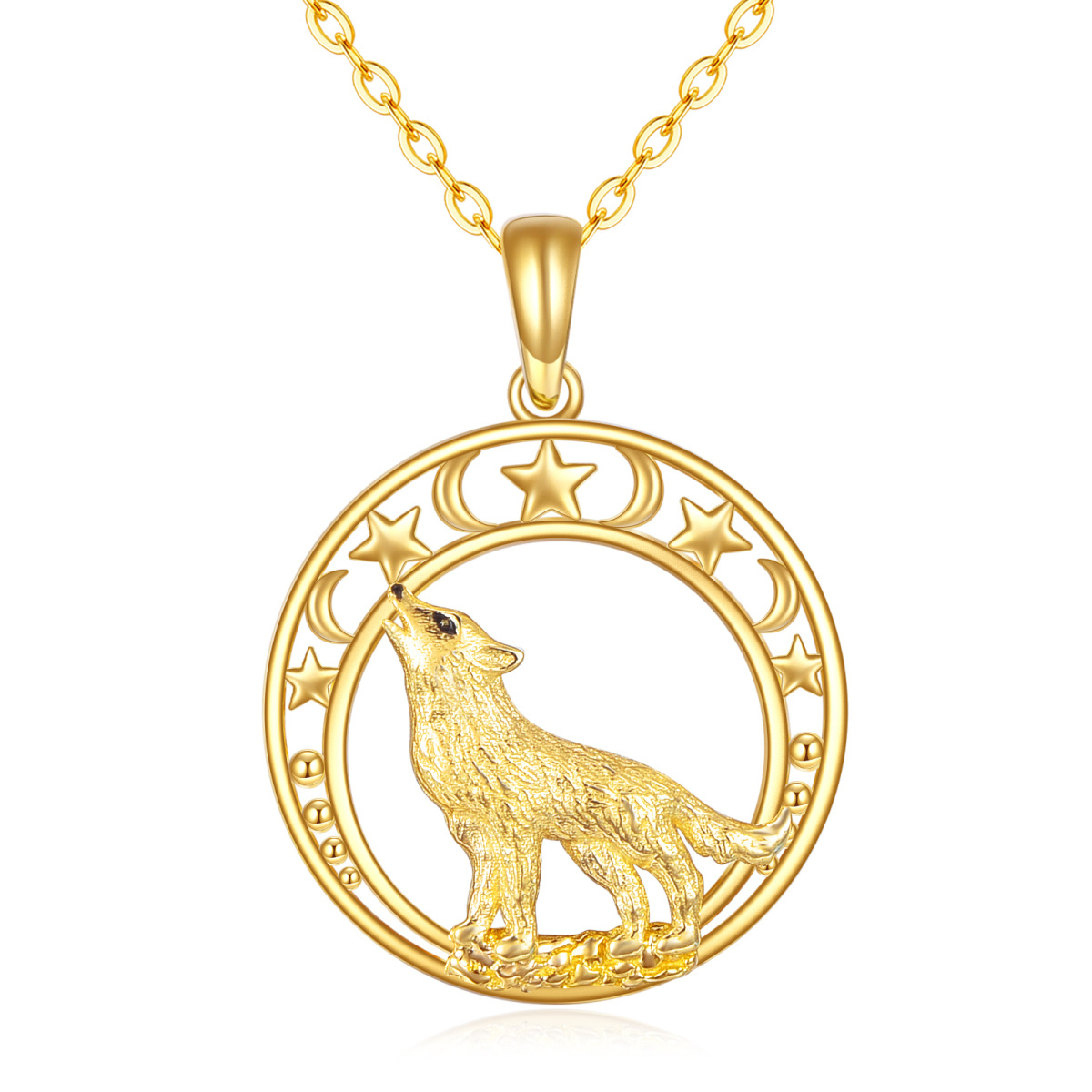 14K Gold Wolf & Moon & Star Pendant Necklace-1