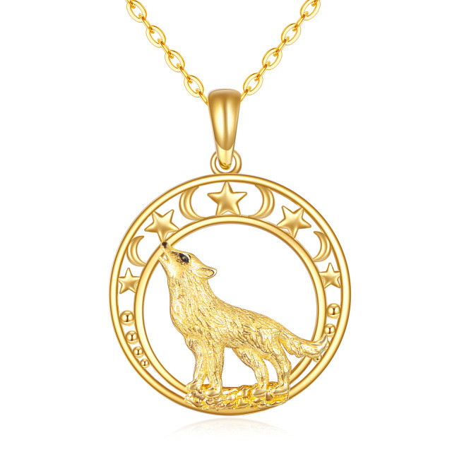 14K Gold Wolf & Moon & Star Pendant Necklace-2