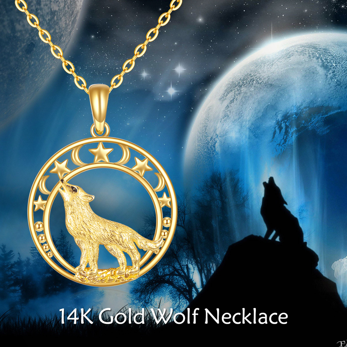 14K Gold Wolf & Moon & Star Pendant Necklace-6
