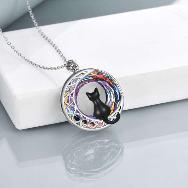 Sterling Silver Round Cat & Moon Crystal Pendant Necklace-3