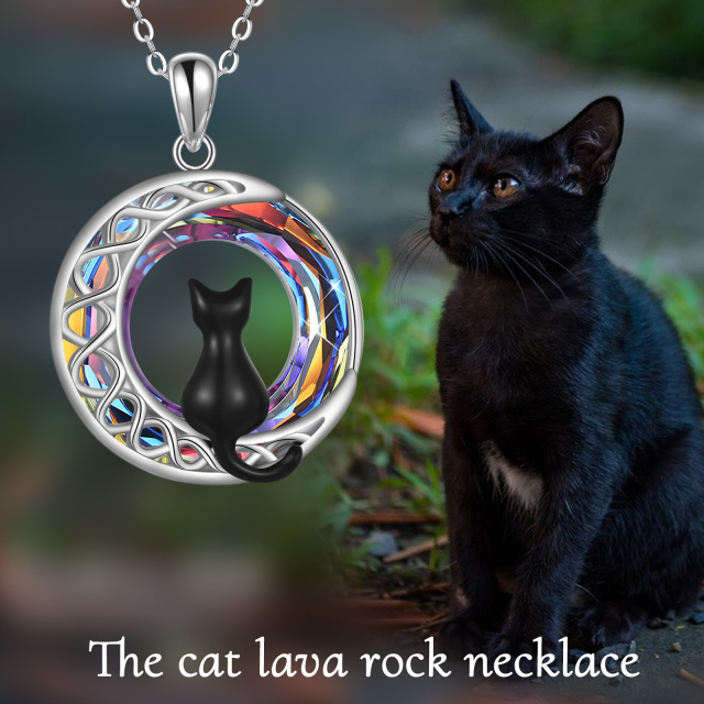 Collier en argent sterling avec pendentif rond en cristal Chat et Lune-5