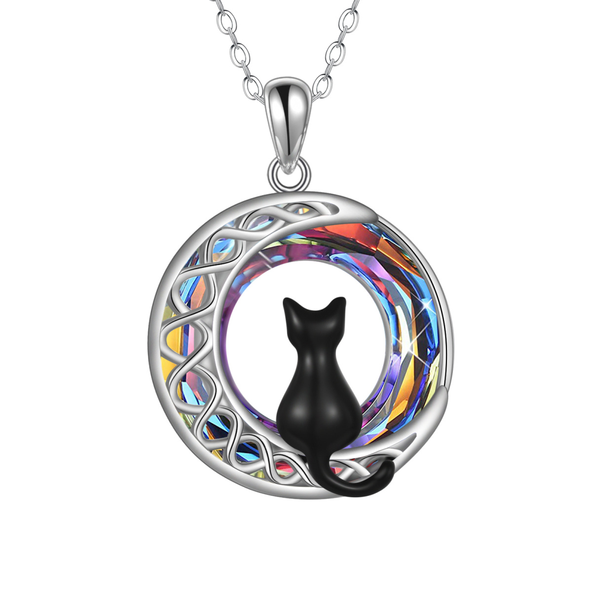 Sterling Silver Round Cat & Moon Crystal Pendant Necklace-1