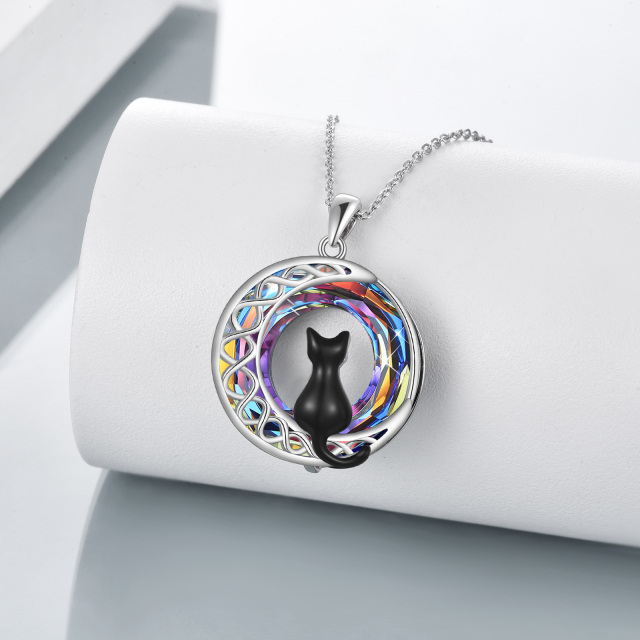 Sterling Silver Round Cat & Moon Crystal Pendant Necklace-2