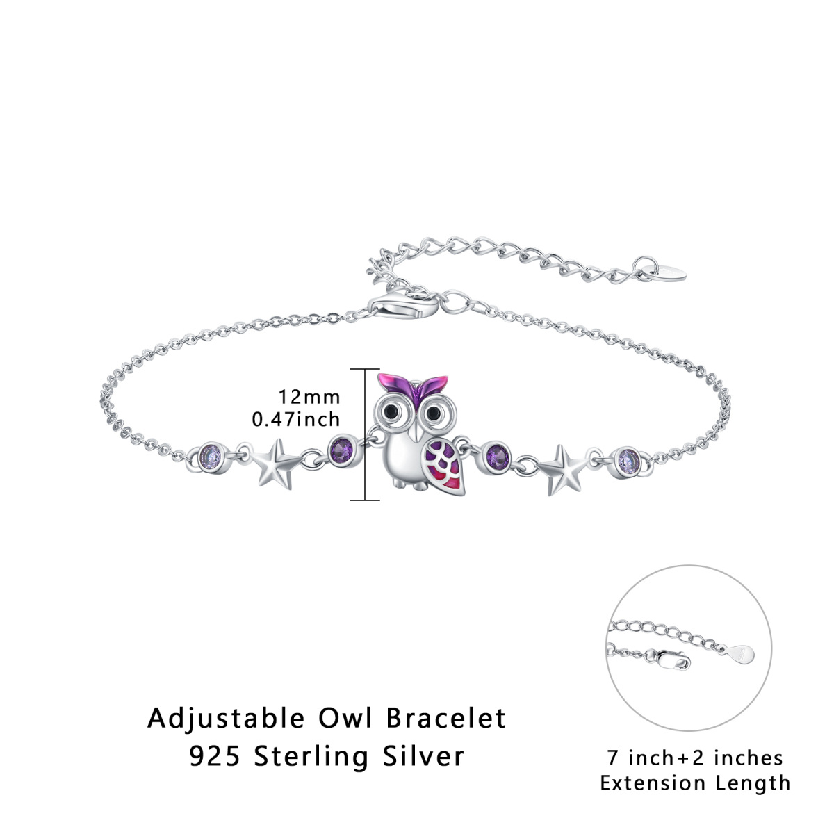 Sterling Silber kreisförmig Cubic Zirkonia Eule & Stern Anhänger Armband-5