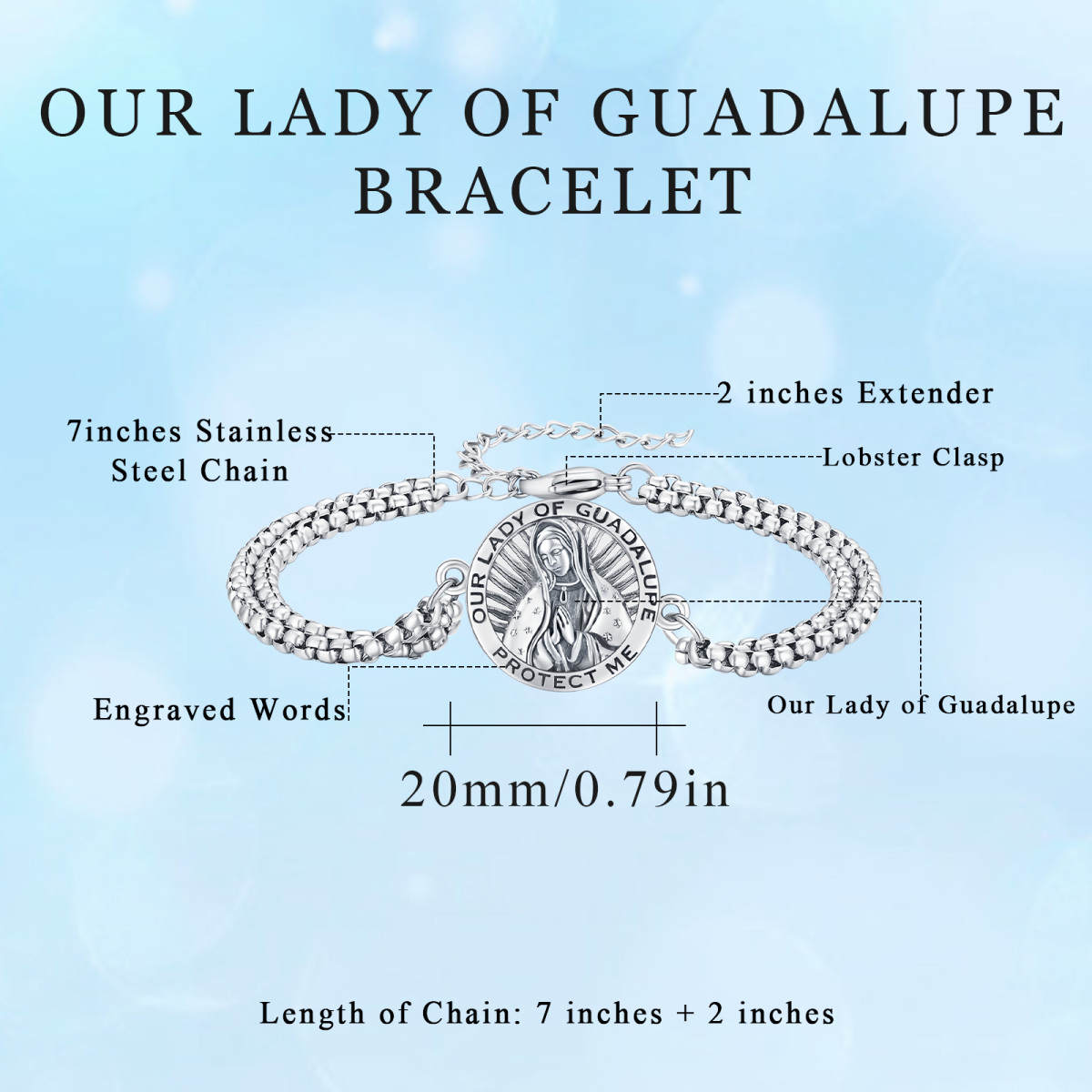 Bracelet en argent sterling avec pendentif Notre-Dame de Guadalupe et mot gravé pour homme-5