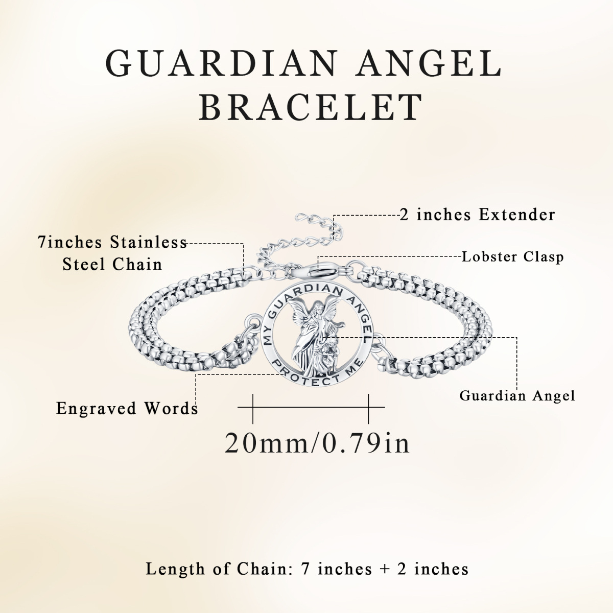 Bracelet en argent sterling avec pendentif ange et mot gravé pour hommes-5